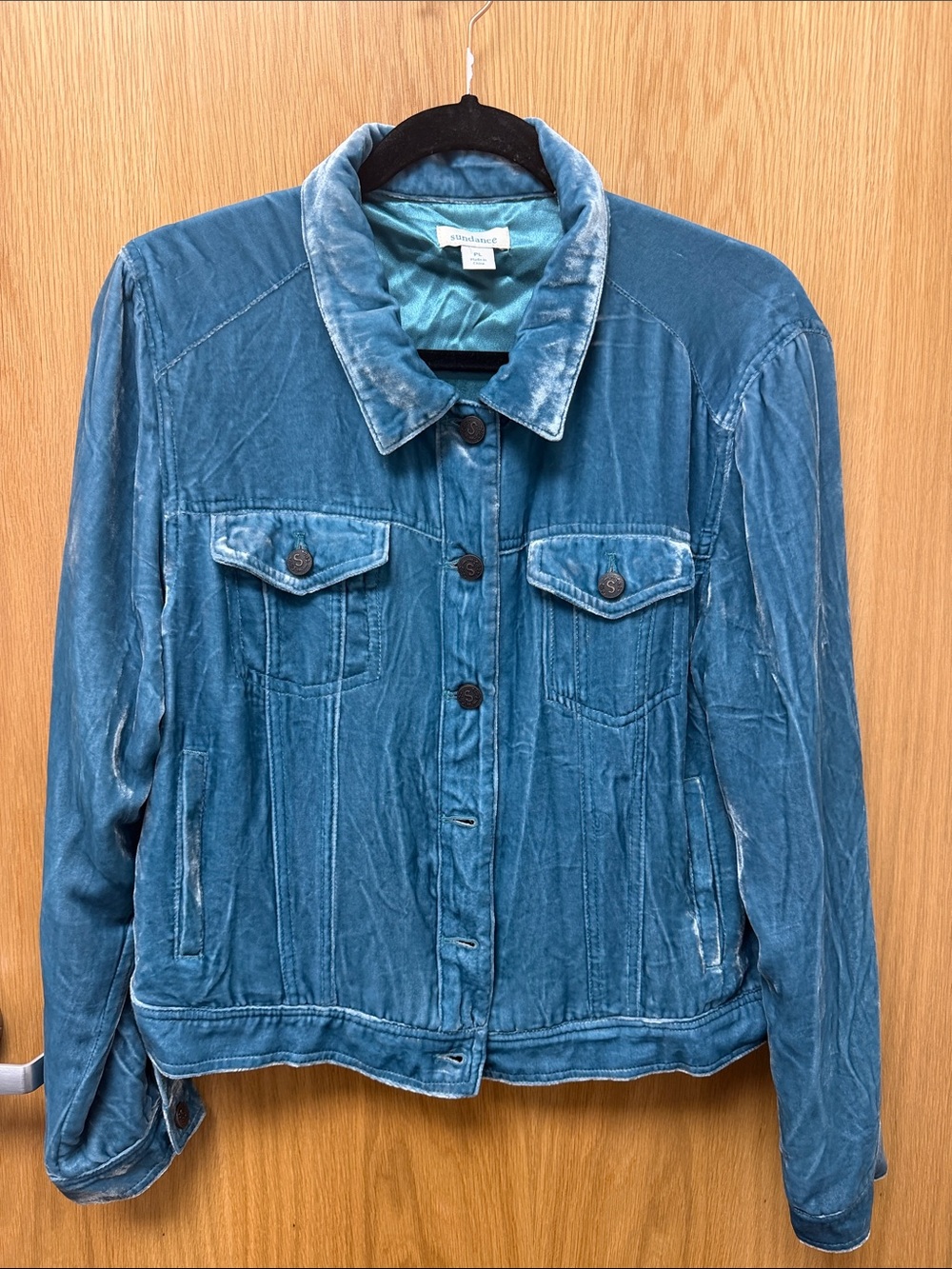 Sundance Wren Teal Velvet Button-Front Trucker Silk Blend Jean Jacket Petite L